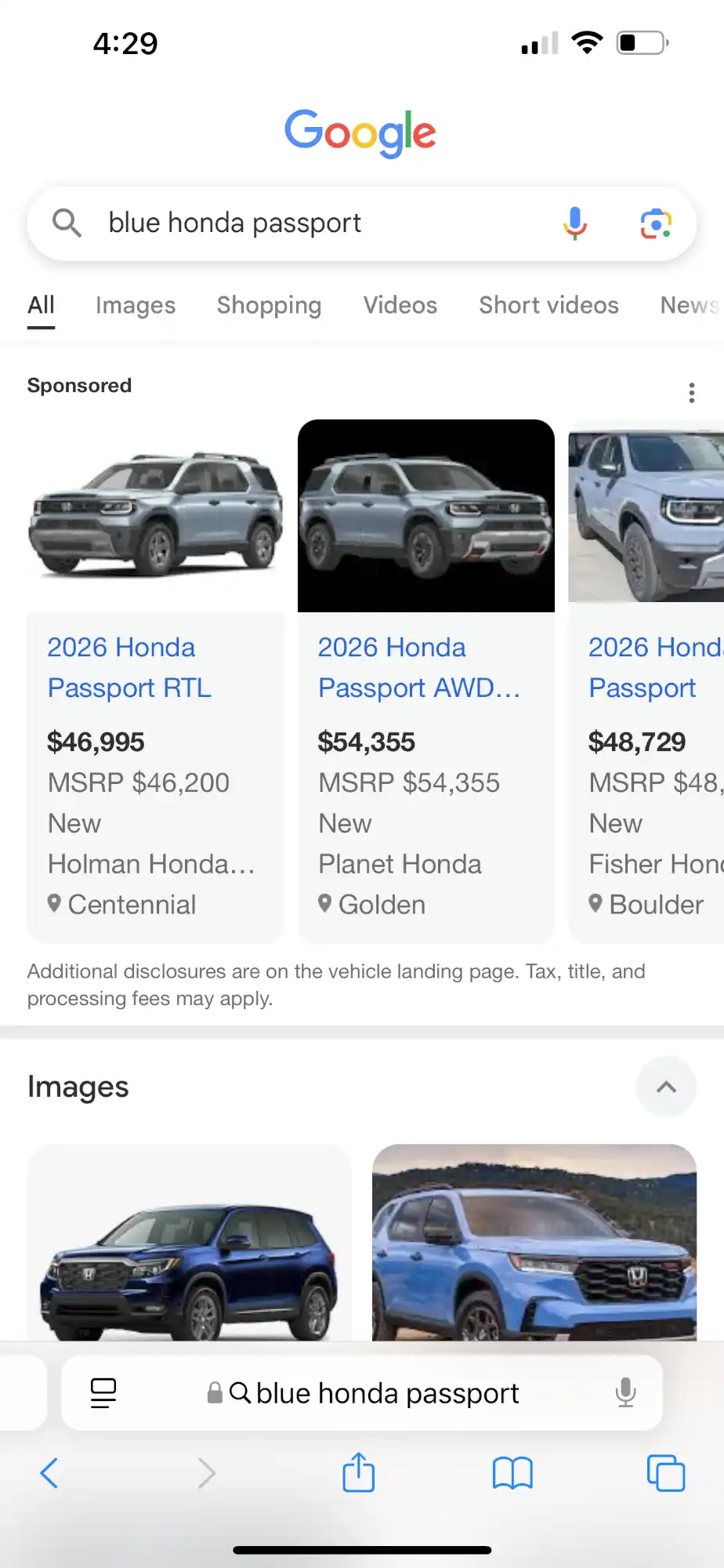 Mobile Google search results page for the query "blue honda passport," displaying sponsored listings for 2026 Honda Passport vehicles in light blue. Listings include the 2026 Honda Passport RTL priced at $46,995, AWD at $54,355, and another Passport model at $48,729. Dealership locations are in Centennial, Golden, and Boulder, Colorado. Below the ads, two image thumbnails show darker and lighter blue Honda Passports on white and outdoor backgrounds.