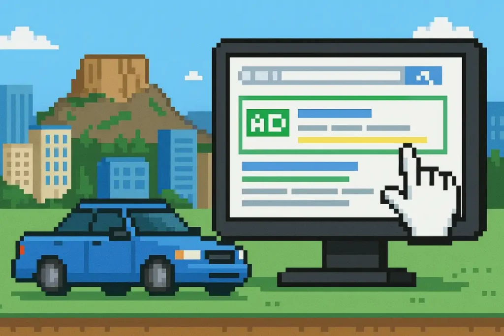 Pixelated scene of a blue car in front of a computer screen with a search bar displaying the word 'AD' and a stylized cityscape with a mountain in the distance.