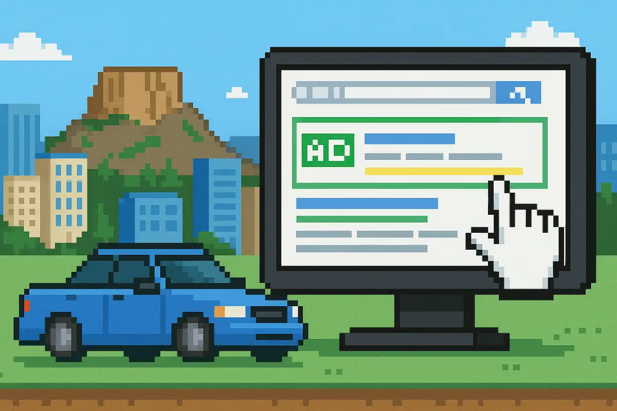 Pixelated scene of a blue car in front of a computer screen with a search bar displaying the word 'AD' and a stylized cityscape with a mountain in the distance.