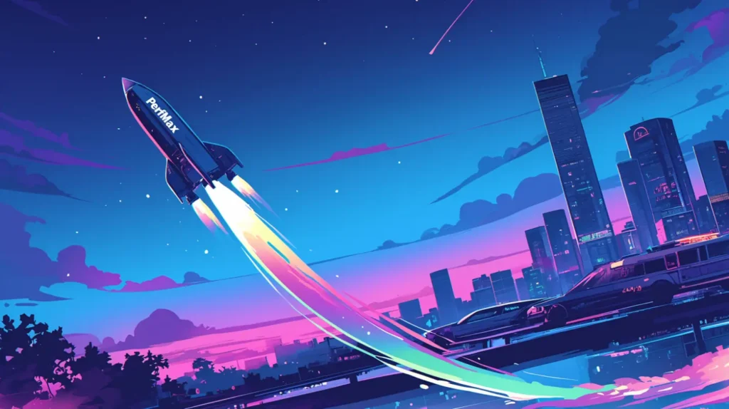 A stylized rocket launches from a futuristic city bridge, soaring into a vibrant, pixelated sky.