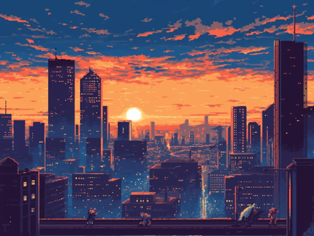 Pixelated cityscape at sunset with towering skyscrapers illuminated by the warm glow of the setting sun and a lone figure walking on a rooftop.