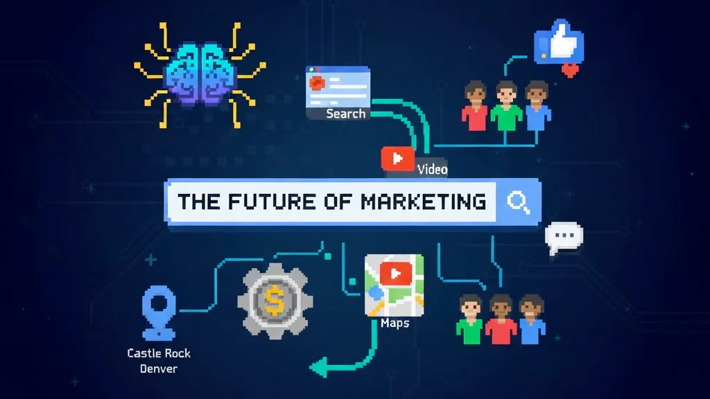 Pixelated diagram illustrating the interconnectedness of search, video, and maps, representing the future of marketing.