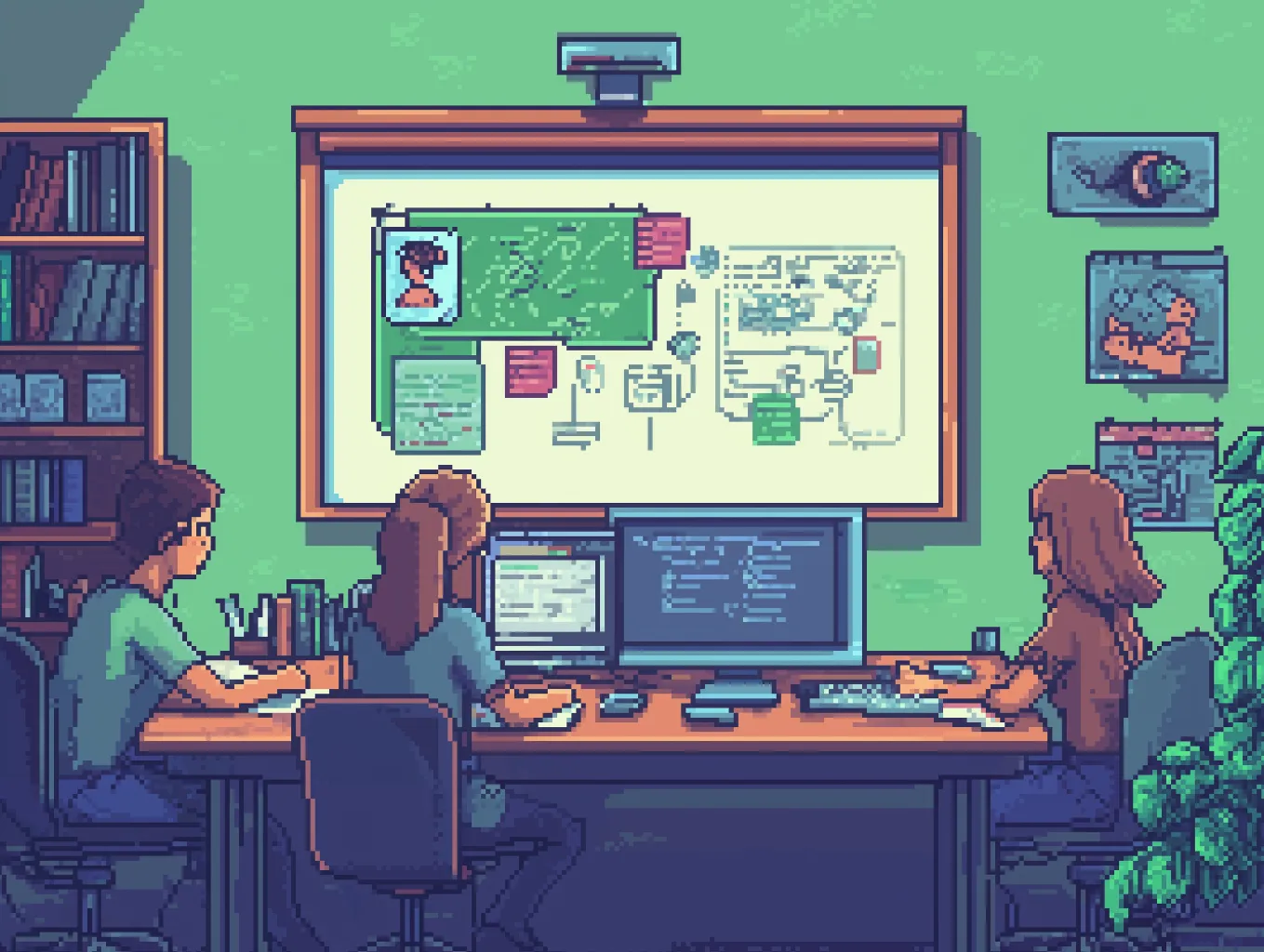 Pixelated characters in front of a whiteboard