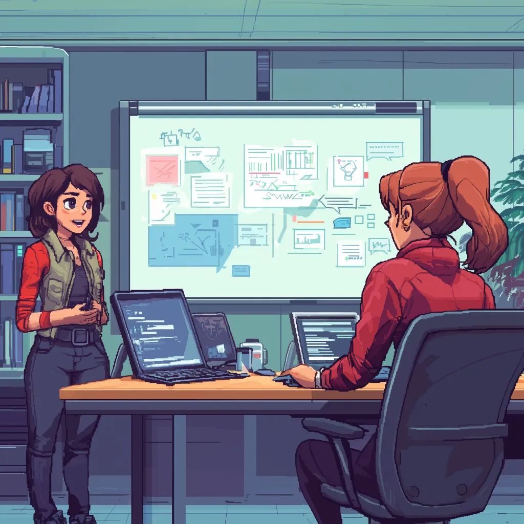 Two women collaborating on a whiteboard filled with diagrams and sketches in a modern office setting.